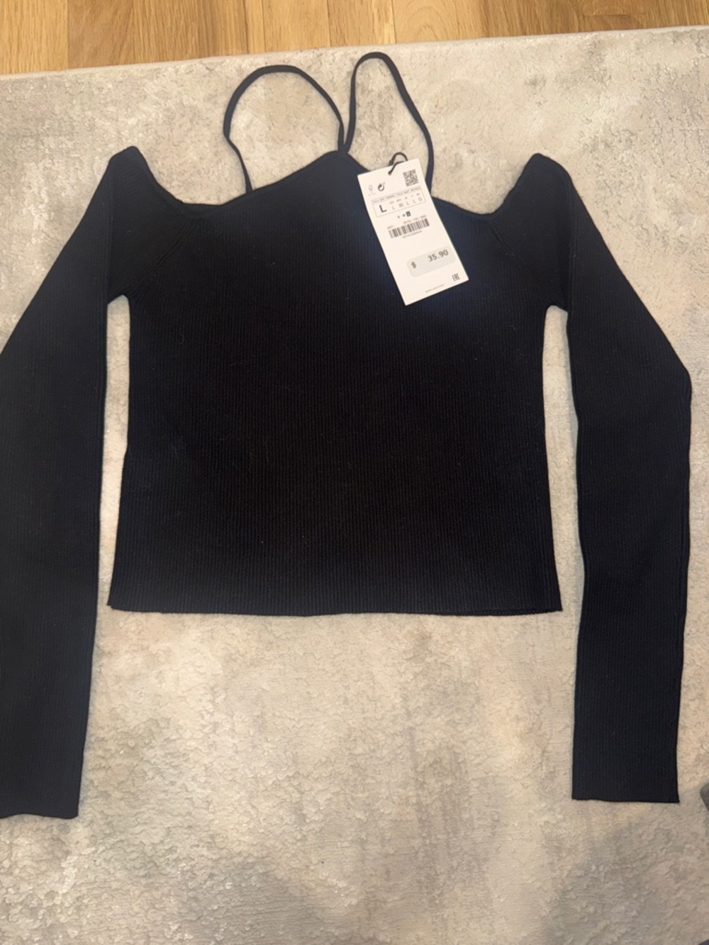 Zara Black Cold-Shoulder High Nevk Rib Knit Crop Top NWT